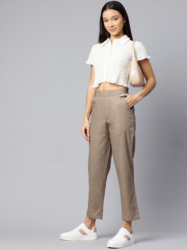 Taupe Pure Cotton Peg Trousers