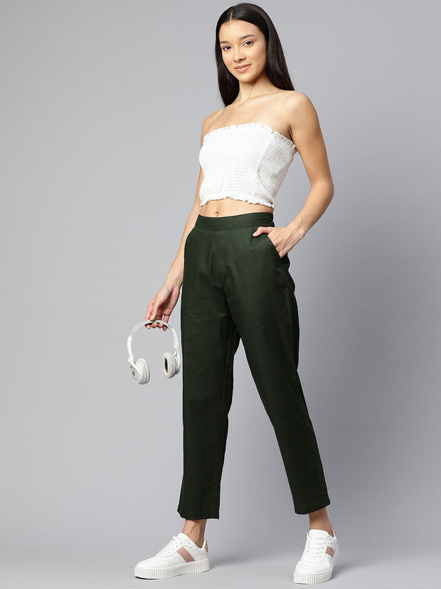 Olive Green Pure Cotton Peg Trousers