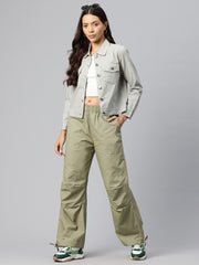 Green Women Loose Fit High-Rise Cargos Trousers