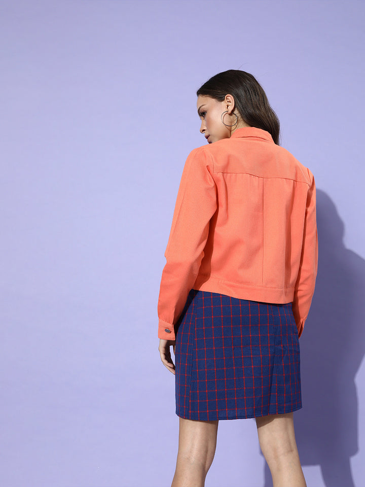 Attractive Peach Solid Pure Cotton Denim Trucker Jacket