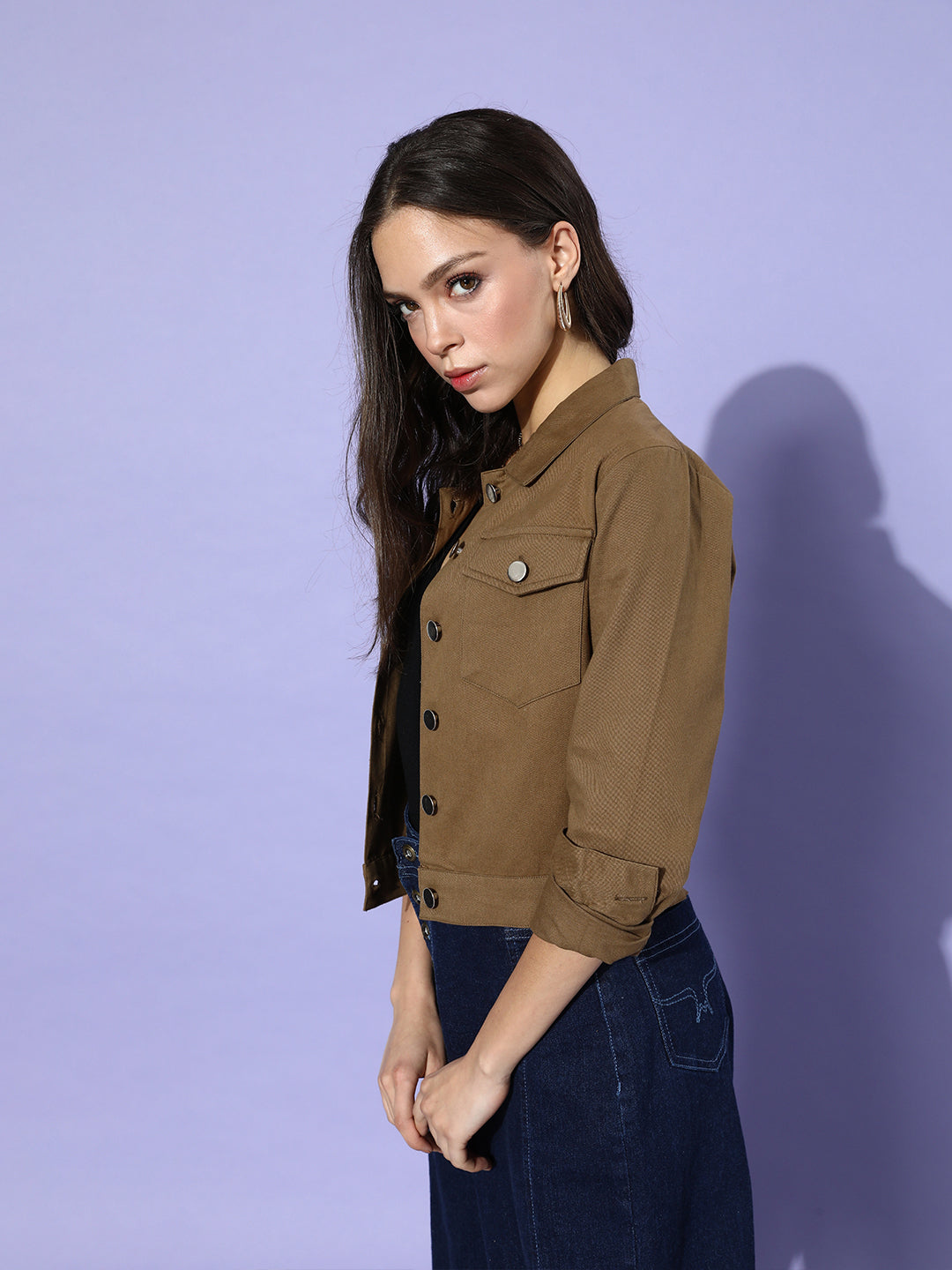 Khaki Solid Pure Cotton Denim Trucker Jacket