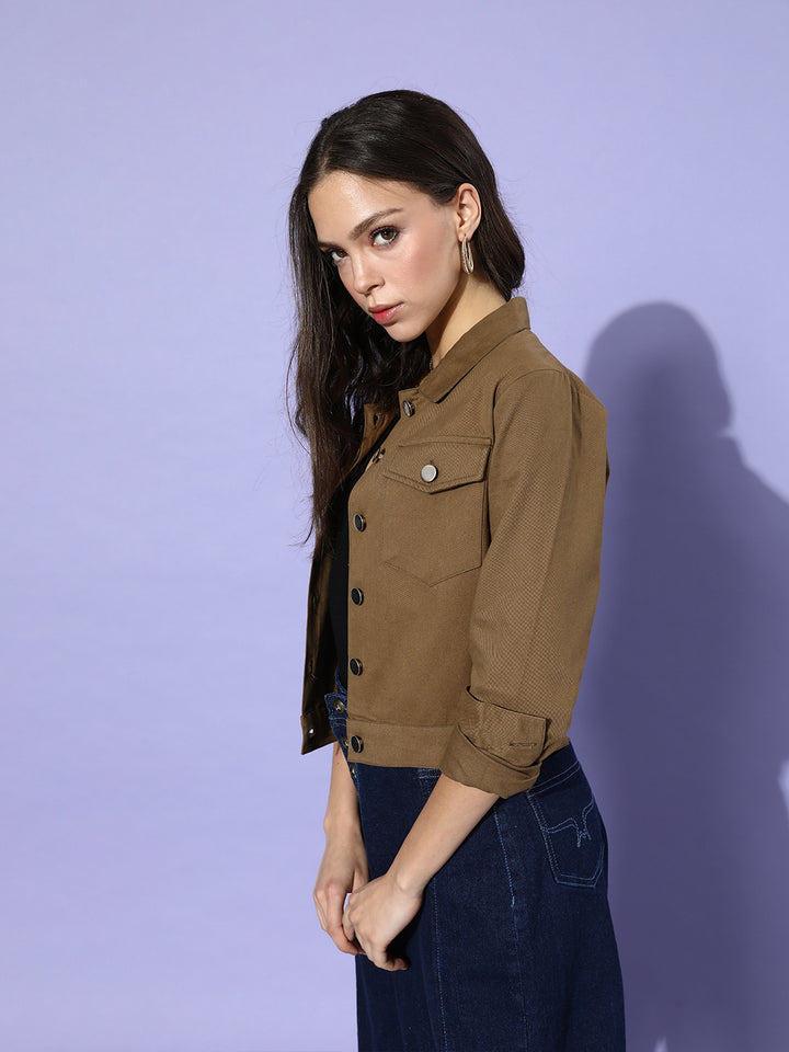 Khaki Solid Pure Cotton Denim Trucker Jacket