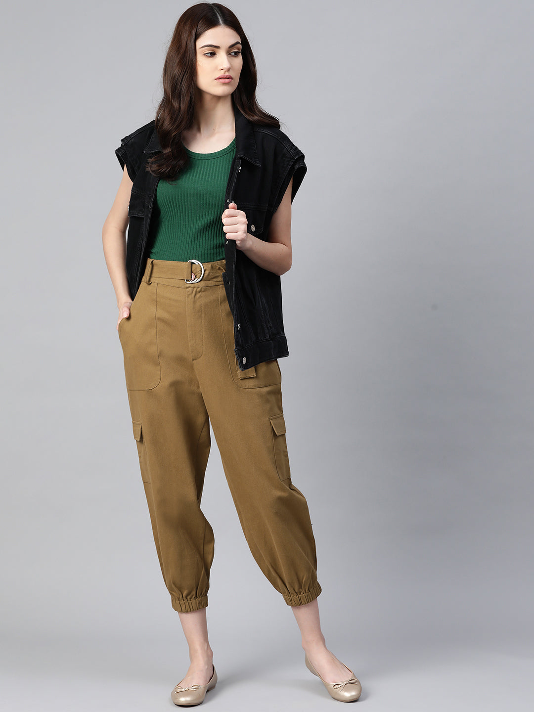 Women Khaki High-Rise Cargo Joggers with Belt