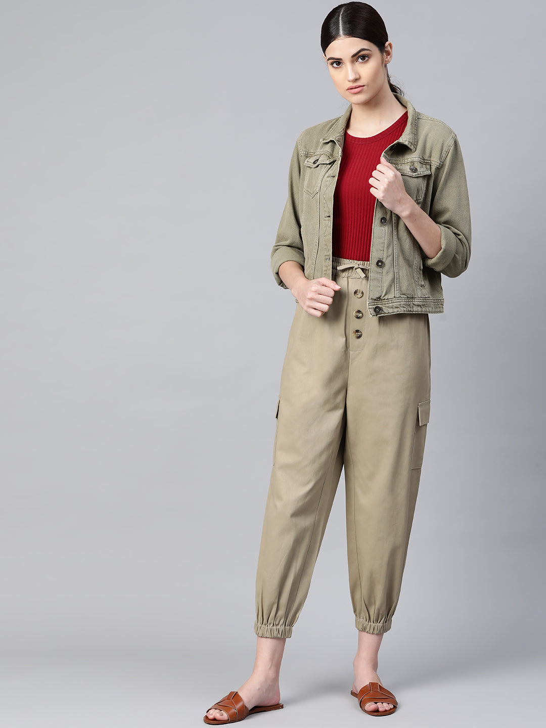 Women Beige Cotton Cropped Joggers