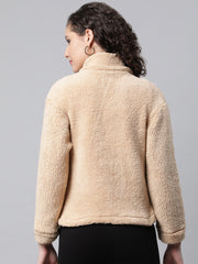 Woman Beige Faux-Fur Sweatshirt, Full Zipper