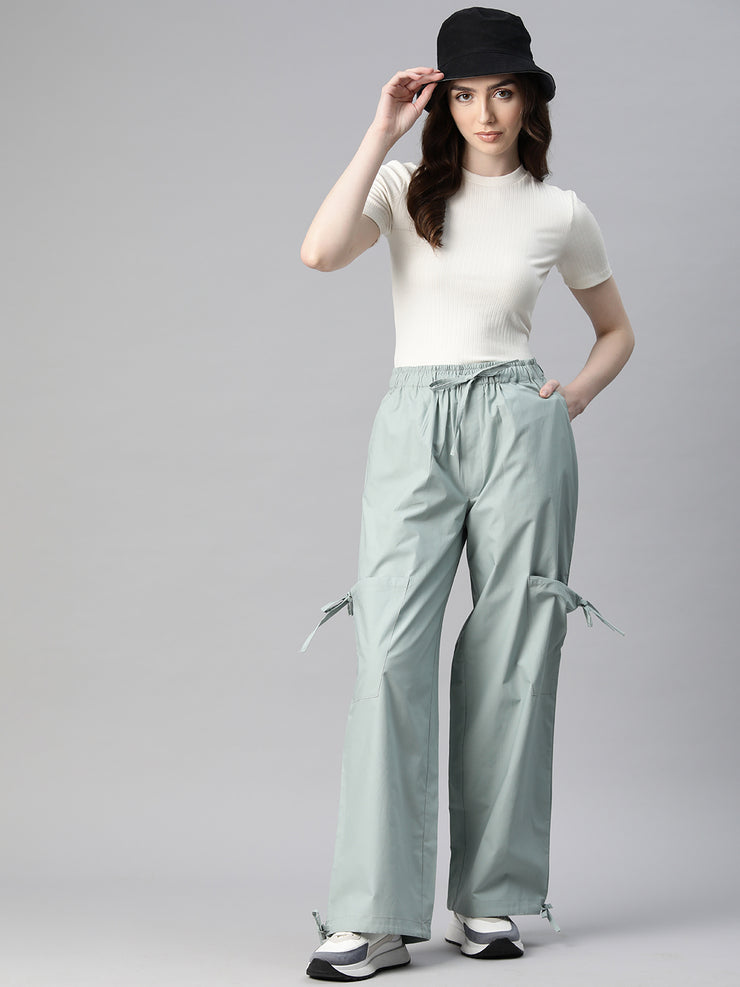 Sea Green Loose Fit High-Rise Pure Cotton Parachute Cargo Trouser