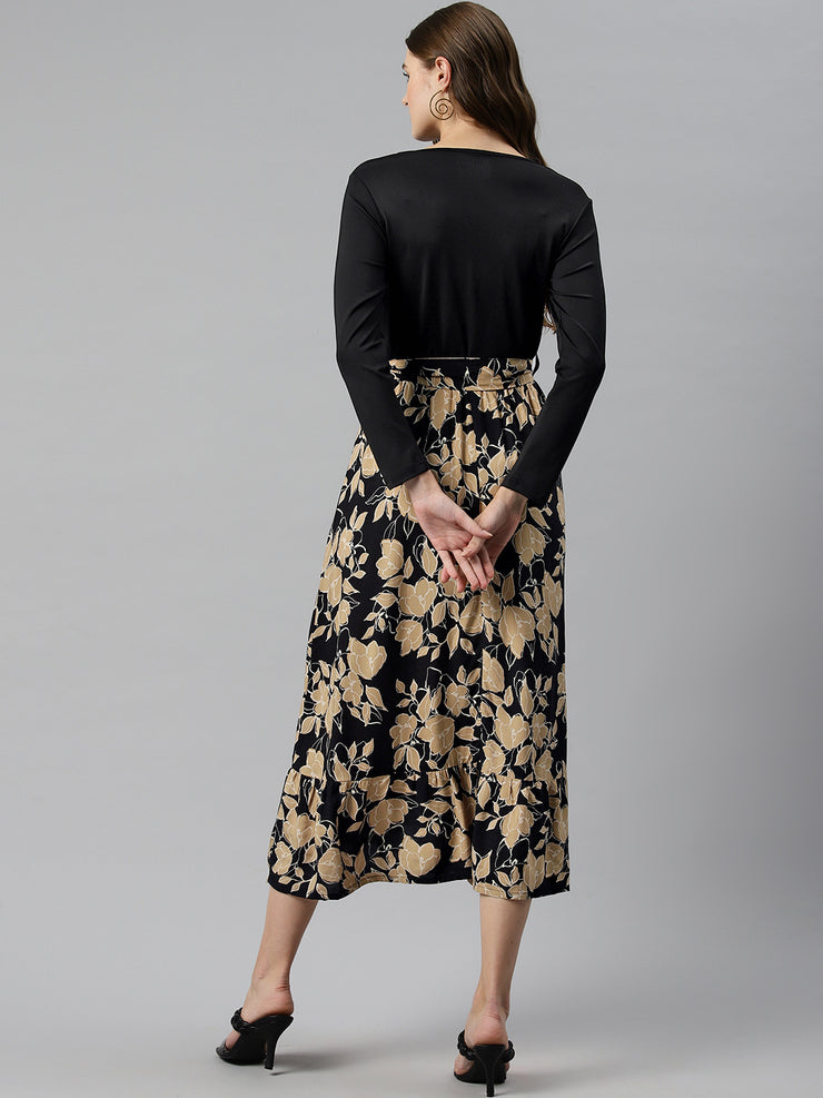 Black and Beige Floral Print A-Line Tiered Midi Dress with Belt