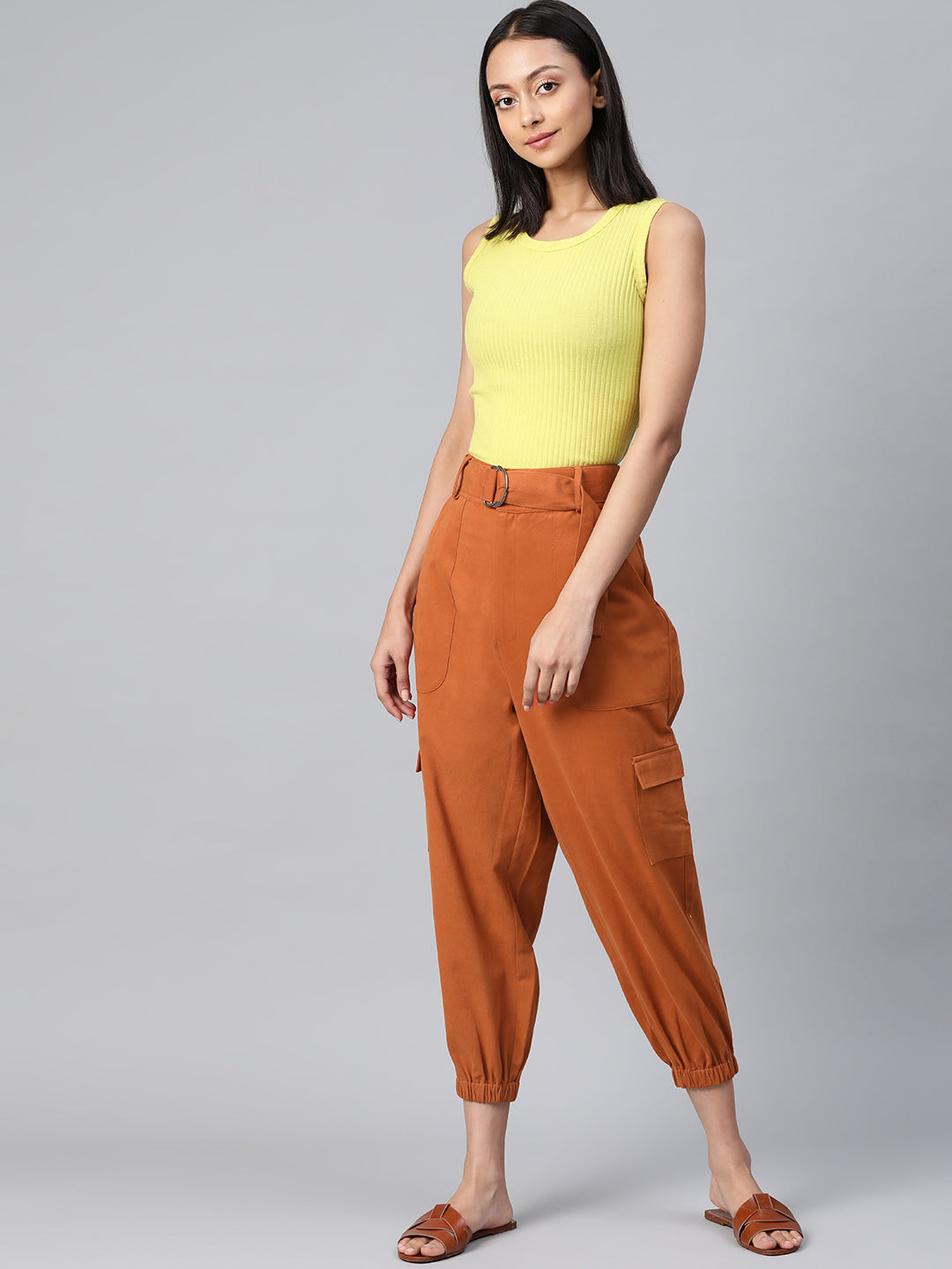 Women Rust Orange Cotton Cropped Cargo Joggers with Belt