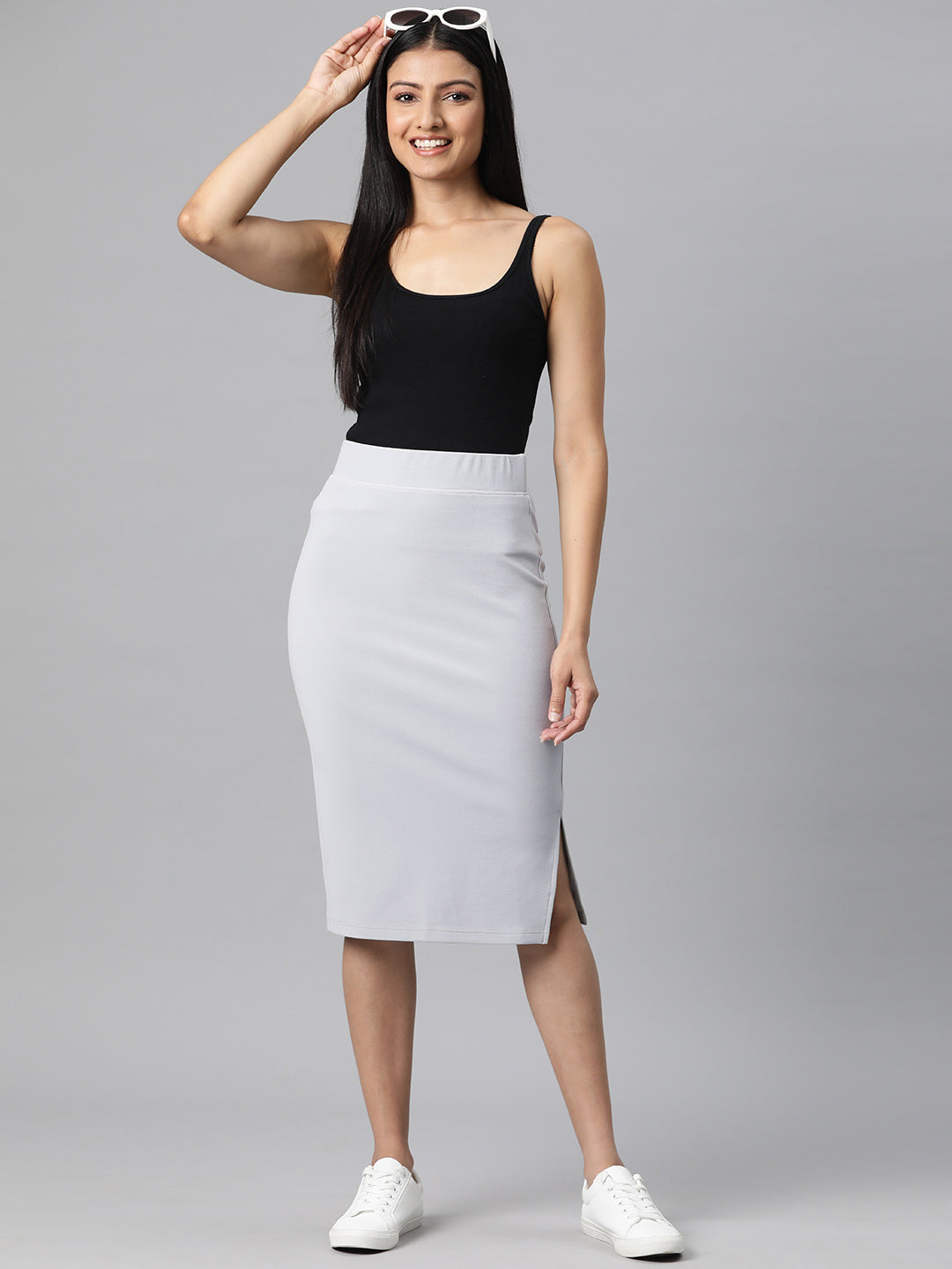 Grey Side Slit Pencil Skirt