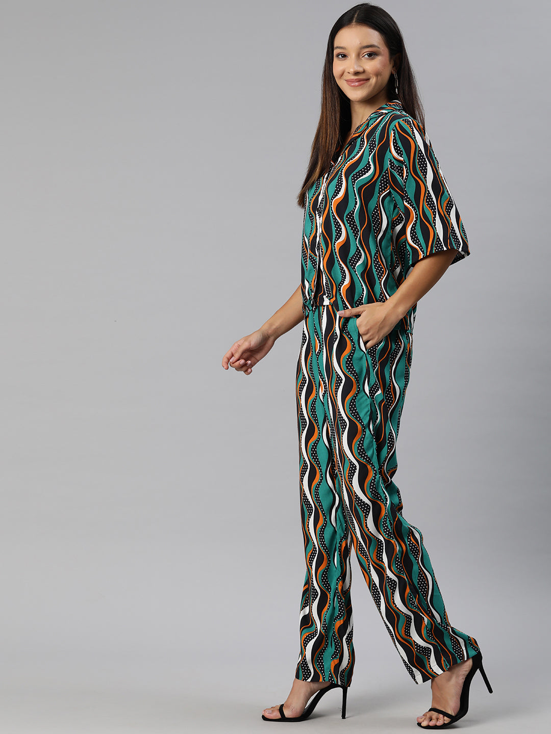 Turquoise Blue,Brown and Black printed Co-Ords