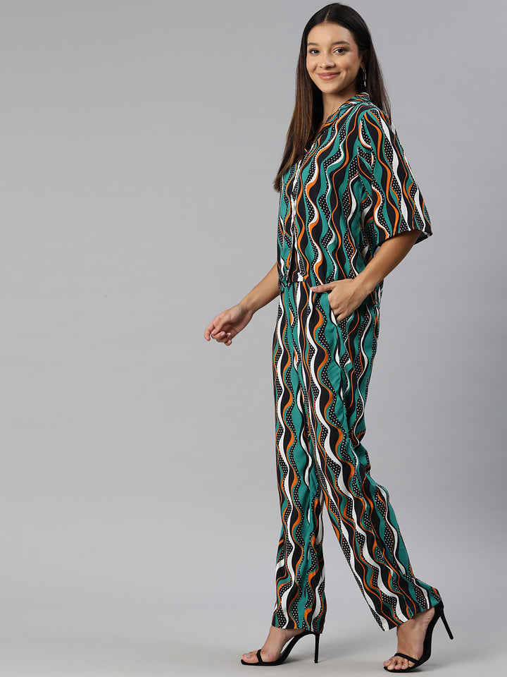 Turquoise Blue,Brown and Black printed Co-Ords
