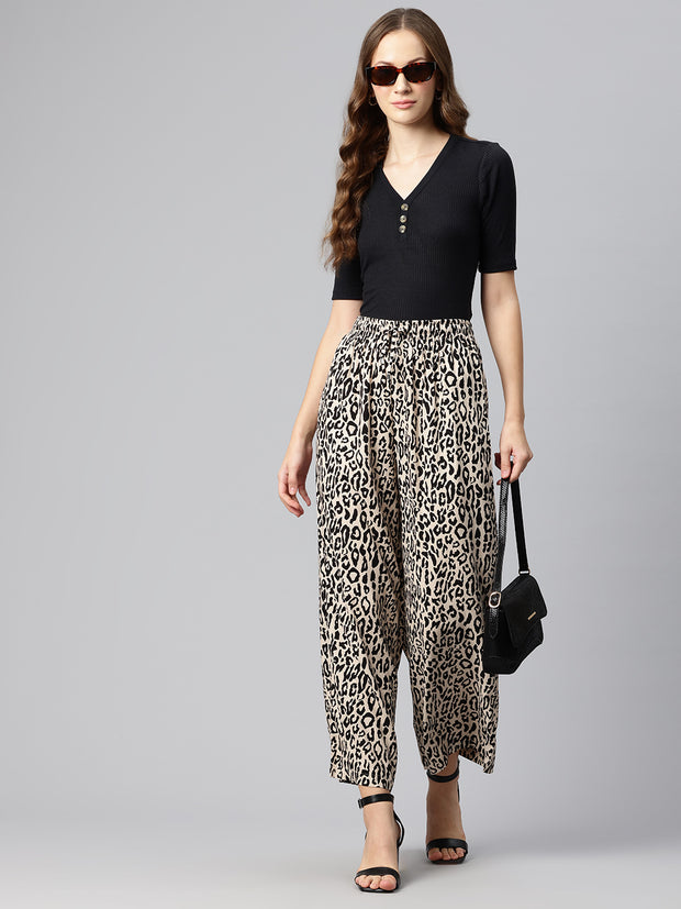 Women Animal Printed Wide Leg High-Rise Trousers