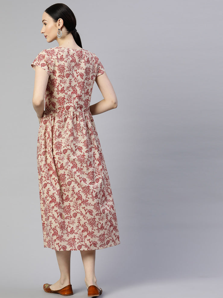 Off-White Floral Printed Cotton A-Line Dress