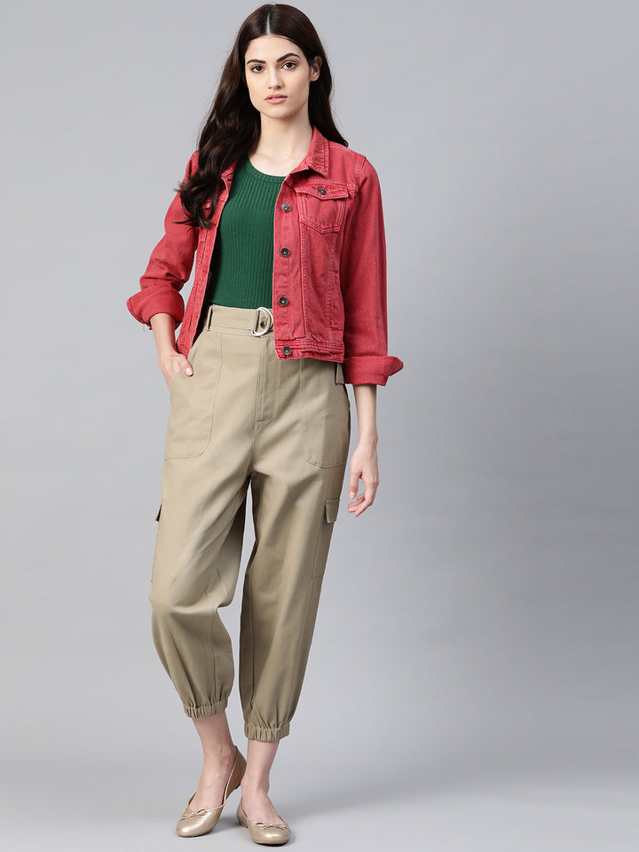 Women Beige High-Rise Cargo Joggers with Belt