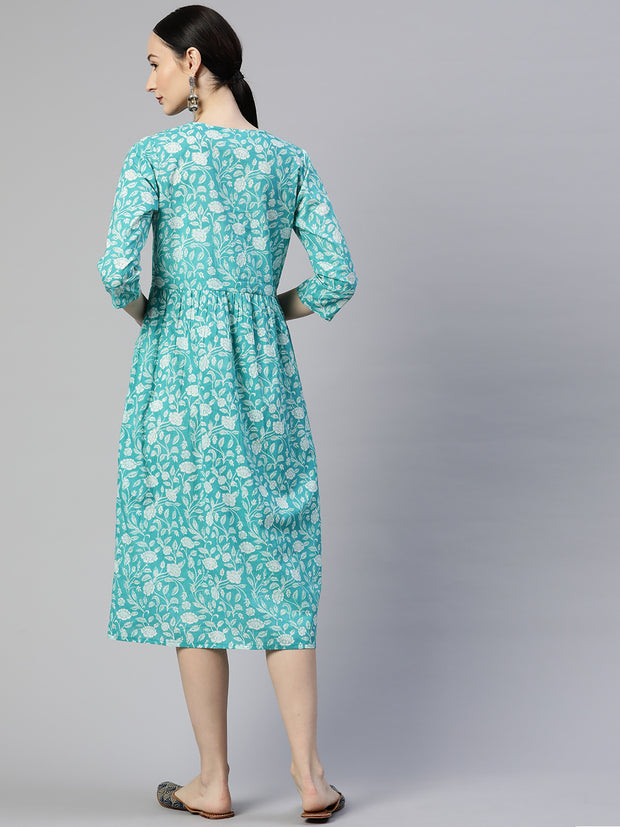 Sea Green Floral Cotton A-Line Midi Dress with Pocket