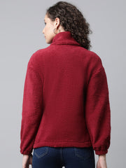 Women Maroon Faux Fur Sweatshirt, Half Zipper
