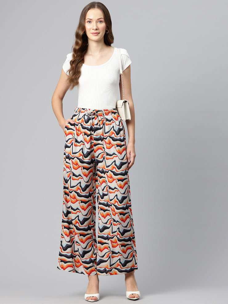 White Women Printed Loose Fit High-Rise Trousers