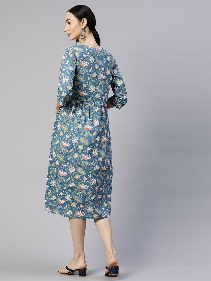 Turquoise Floral Cotton A-Line Midi Dress with Pocket