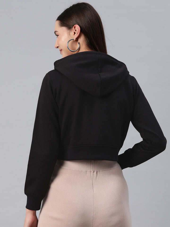 Black Hooded Cropped Fleece Sweatshirt