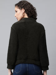 Woman Olive Green Faux Fur Sweatshirt