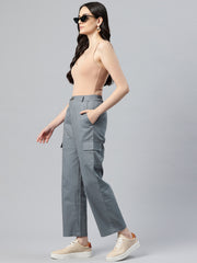 Grey Cotton High-Rise Cargos Trousers