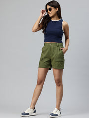 Olive Green High-Rise Pure Cotton Cargo Shorts