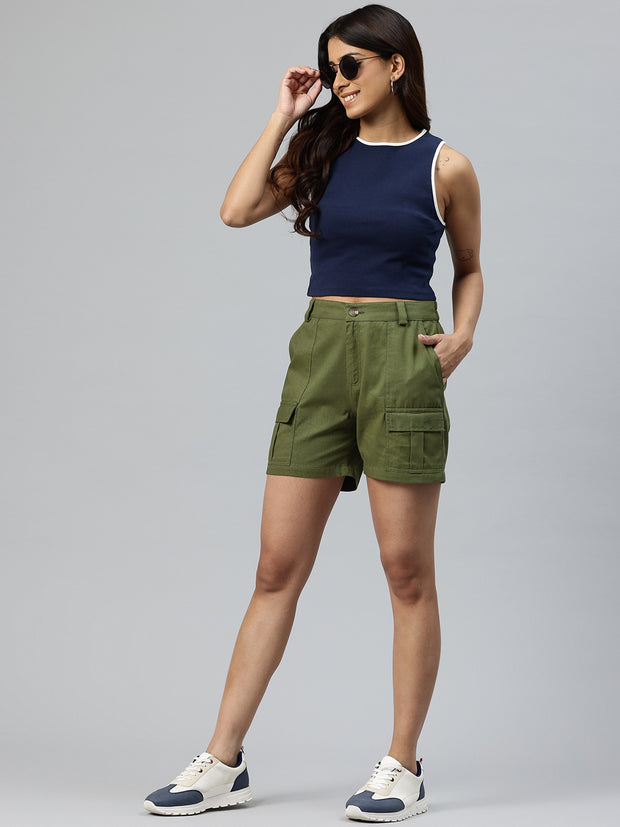 Olive Green High-Rise Pure Cotton Cargo Shorts