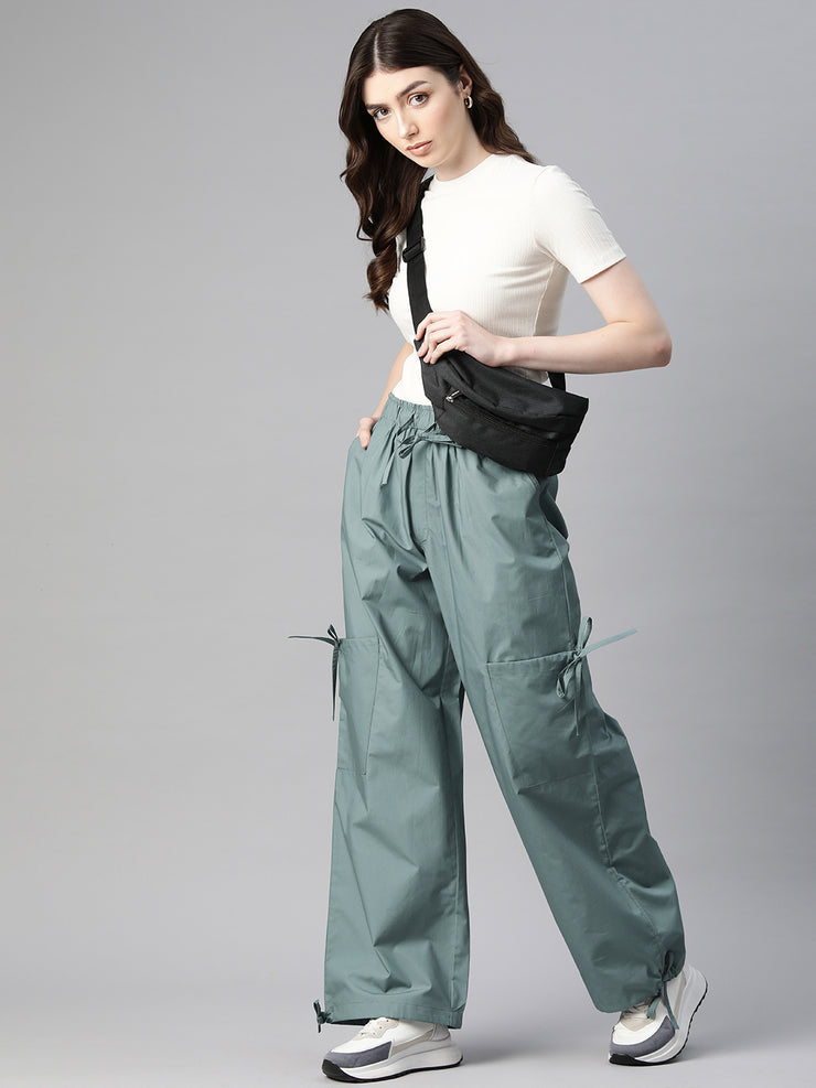 Teal Loose Fit High-Rise Pure Cotton Parachute Cargo Trouser