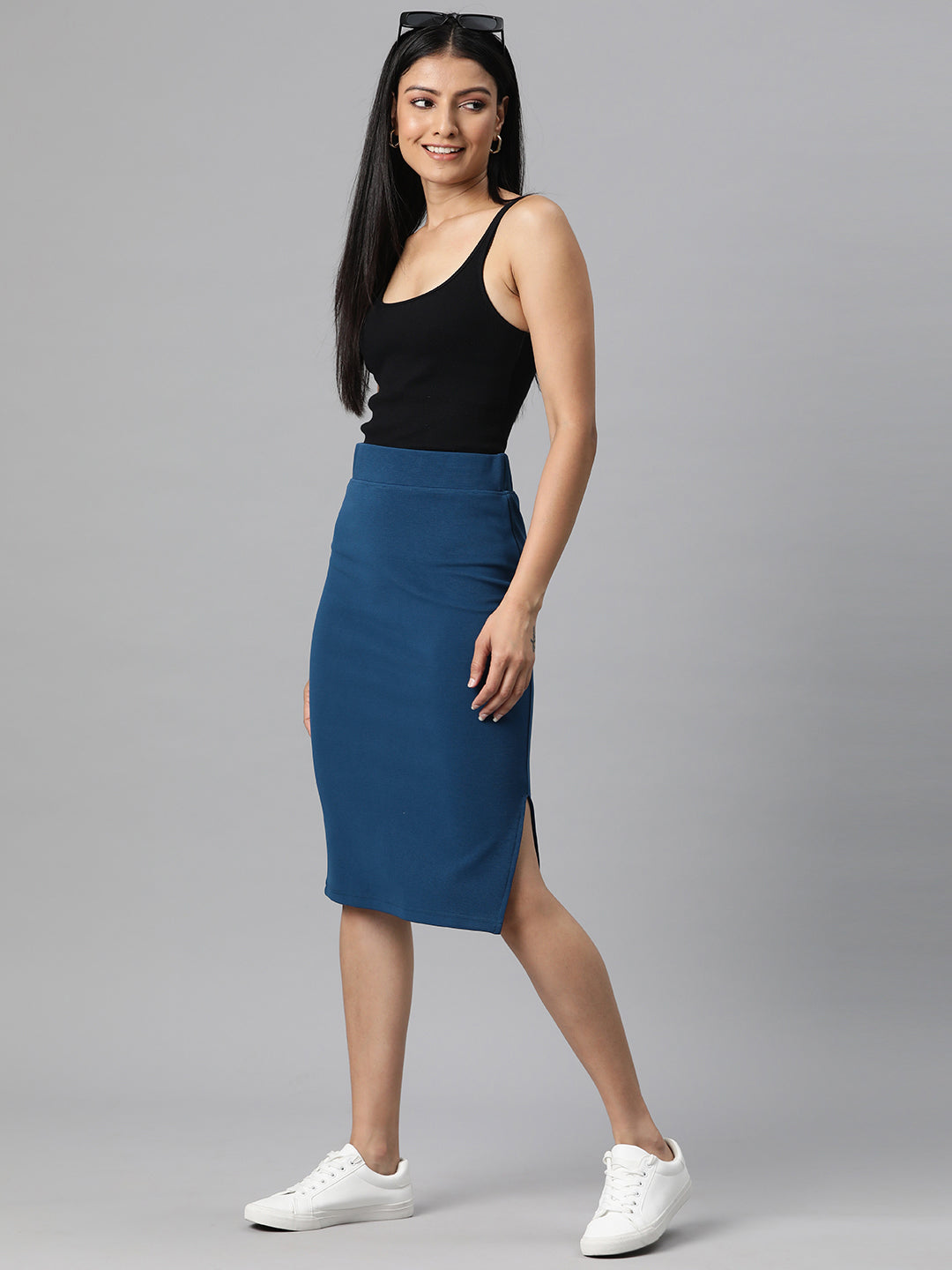 Teal Side Slit Pencil Skirt