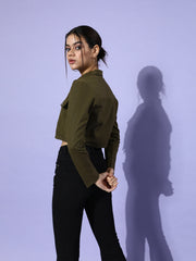 Olive Green Solid Pure Cotton Cropped Jacket