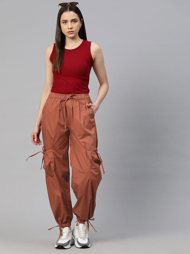 Rust Loose Fit High-Rise Pure Cotton Parachute Cargo Trouser