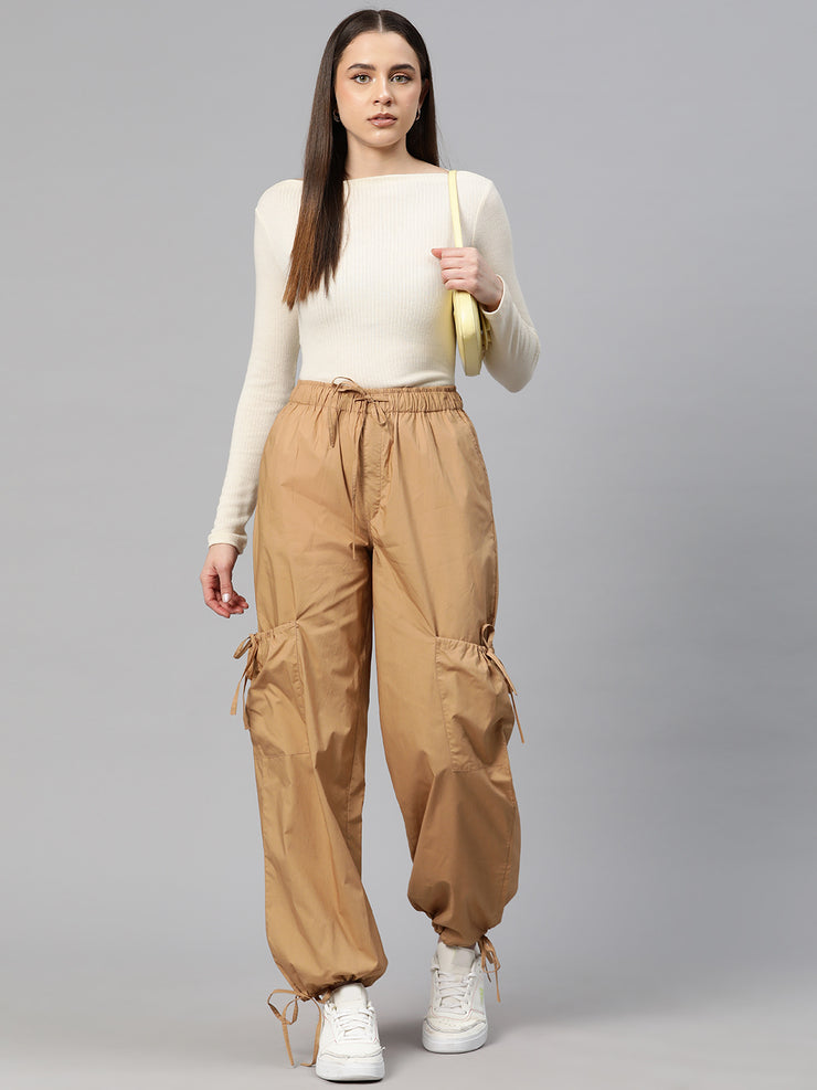 Camel Brown Loose Fit High-Rise Pure Cotton Parachute Cargo Trouser