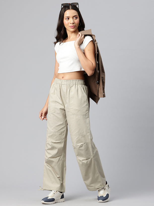 Beige Women Loose Fit High-Rise Cargos Trousers