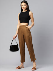 Brown Pure Cotton Peg Trousers