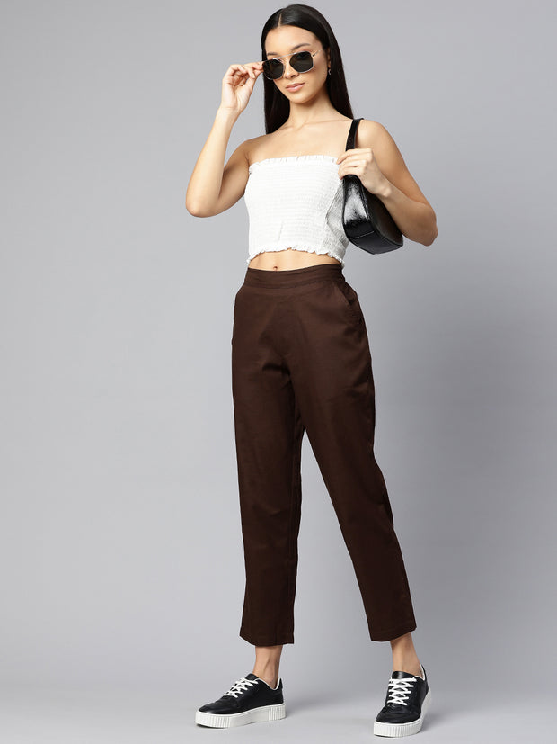 Coffee Brown Pure Cotton Peg Trousers