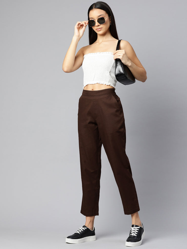 Coffee Brown Pure Cotton Peg Trousers