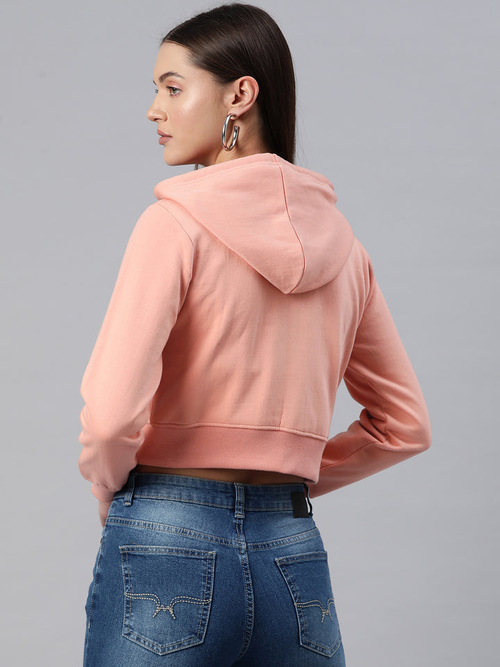 Peach-Coloured Hooded Cropped Fleece Sweatshirt