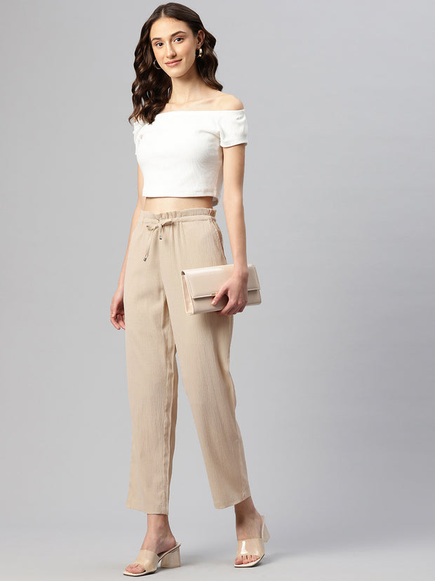 Beige Textured High-Rise Trousers