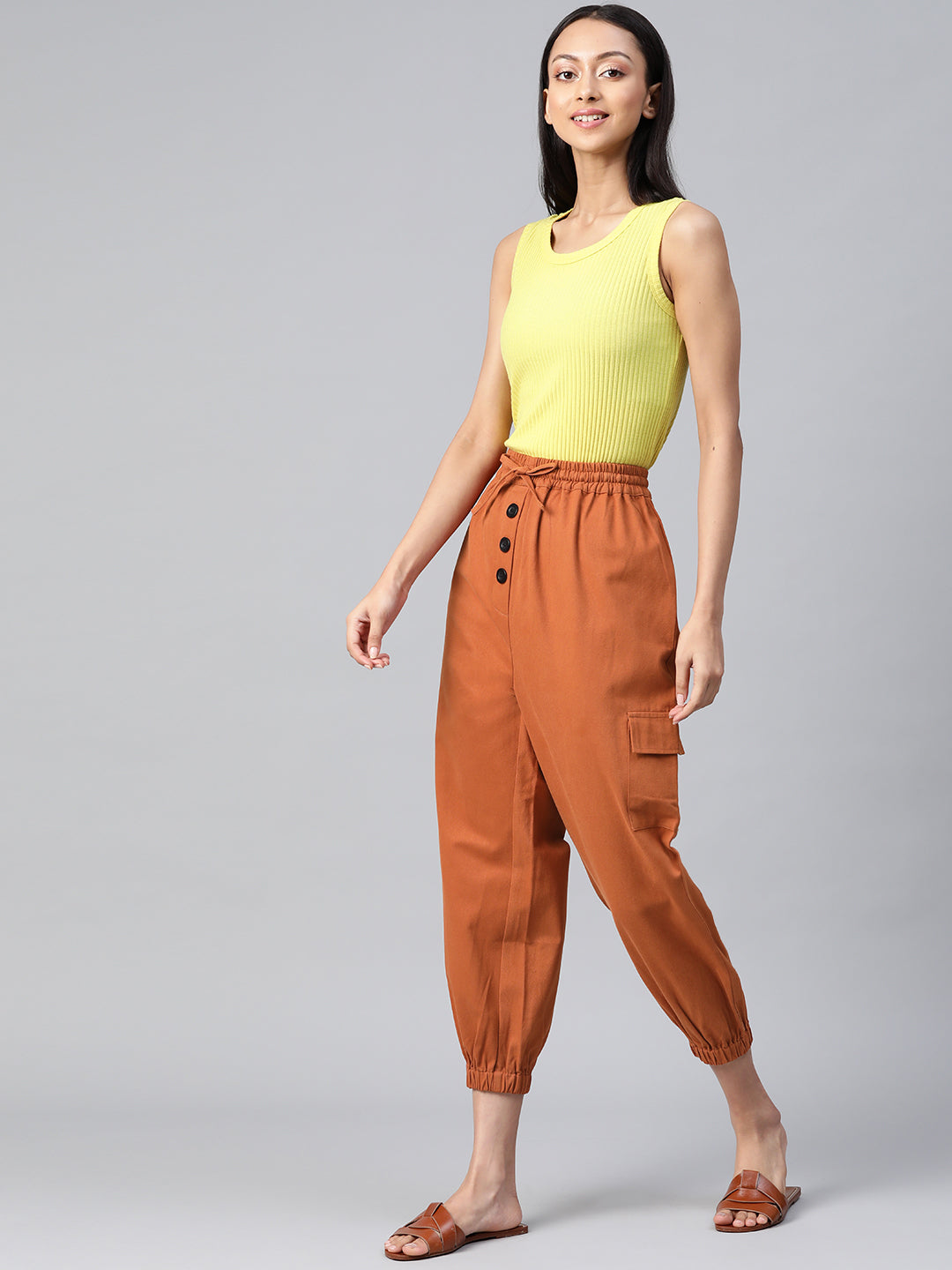 Women Rust Orange High-Rise Cargo Joggers