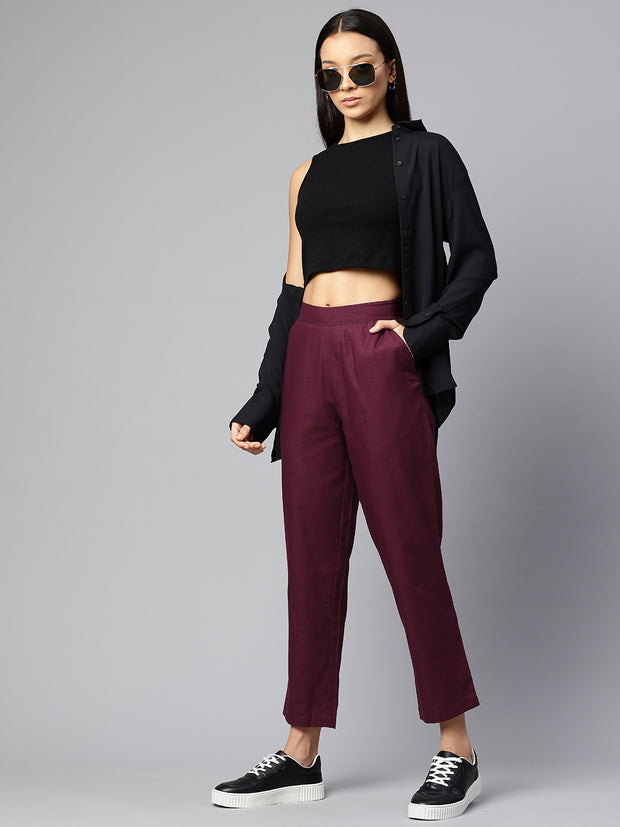 Burgundy Pure Cotton Peg Trousers