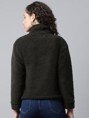 Woman Green Faux-Fur Sweatshirt, Full Zipper