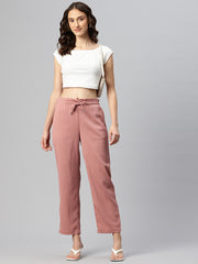 Pink Woven Textured High-Rise Trousers