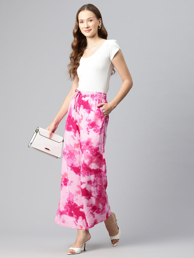 Pink Women Tie and Dye Printed Wide Leg High-Rise Trousers