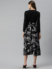 Black and Grey Floral Print A-Line Tiered Midi Dress with Belt