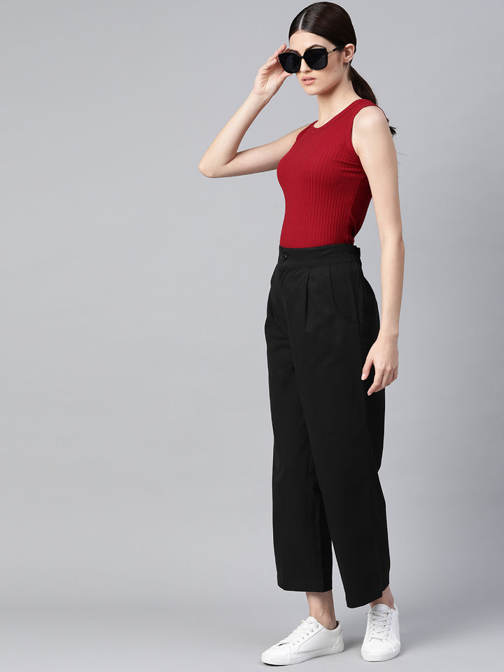 Women Black Cotton Cropped Parallel Trousers