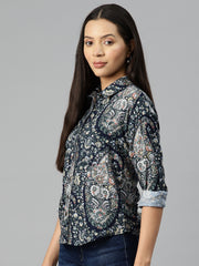 Navy Blue Floral Printed Casual Shirt