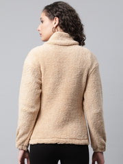 Women Beige Faux Fur Sweatshirt, Half Zipper