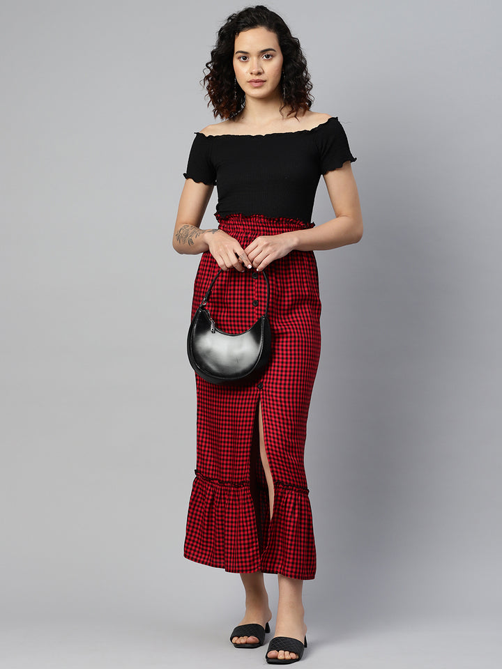 Gingham Checks Front Slit Skirt