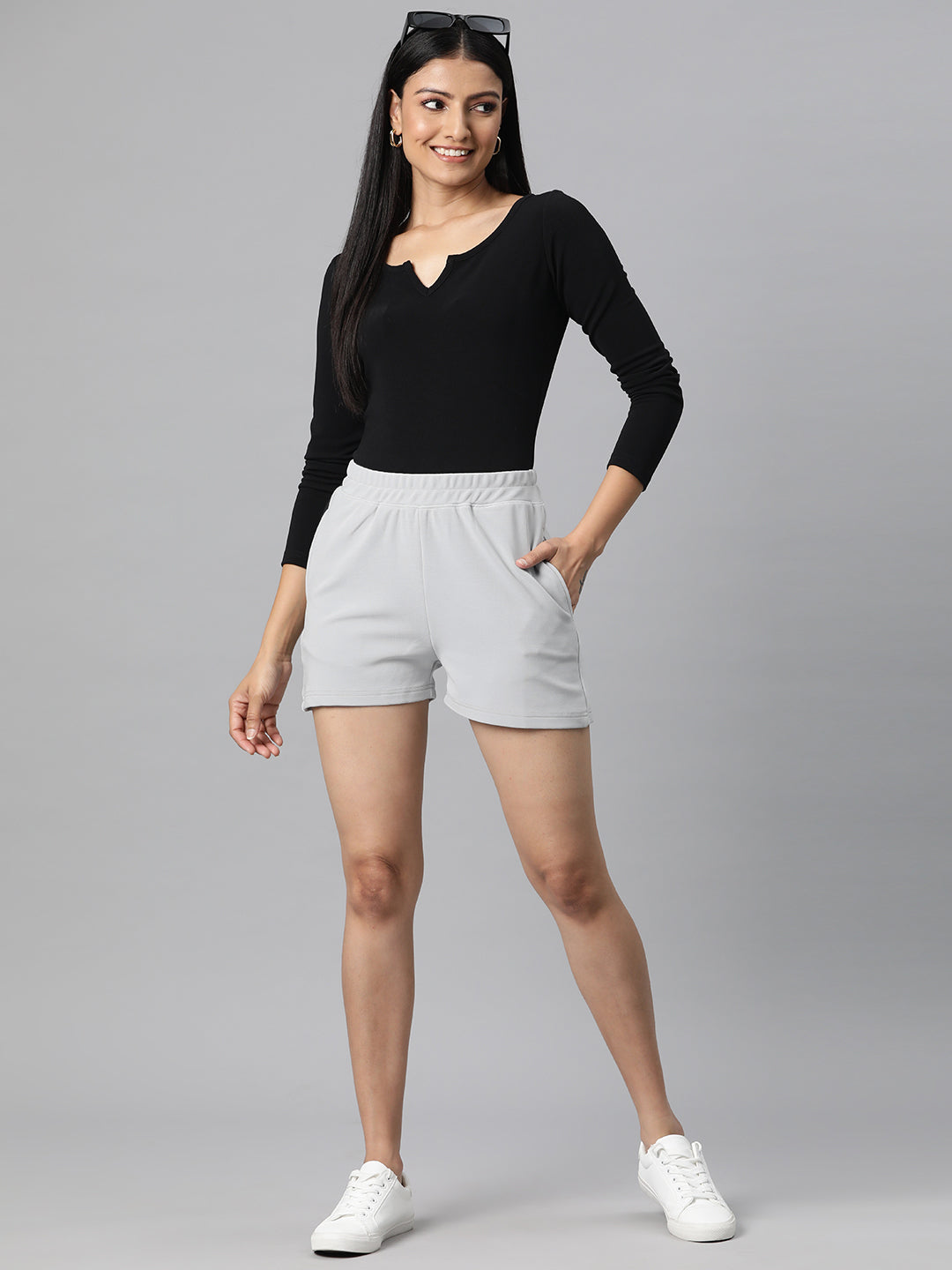 Grey Solid Mid-Rise Regular Shorts