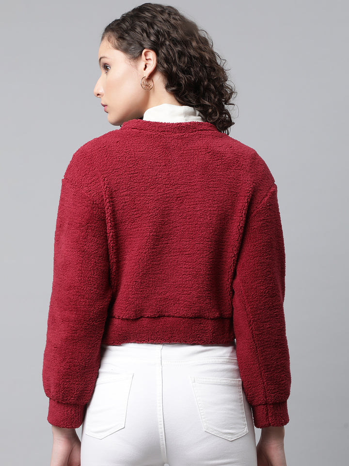 Maroon Cropped Faux Fur Sweatshirt